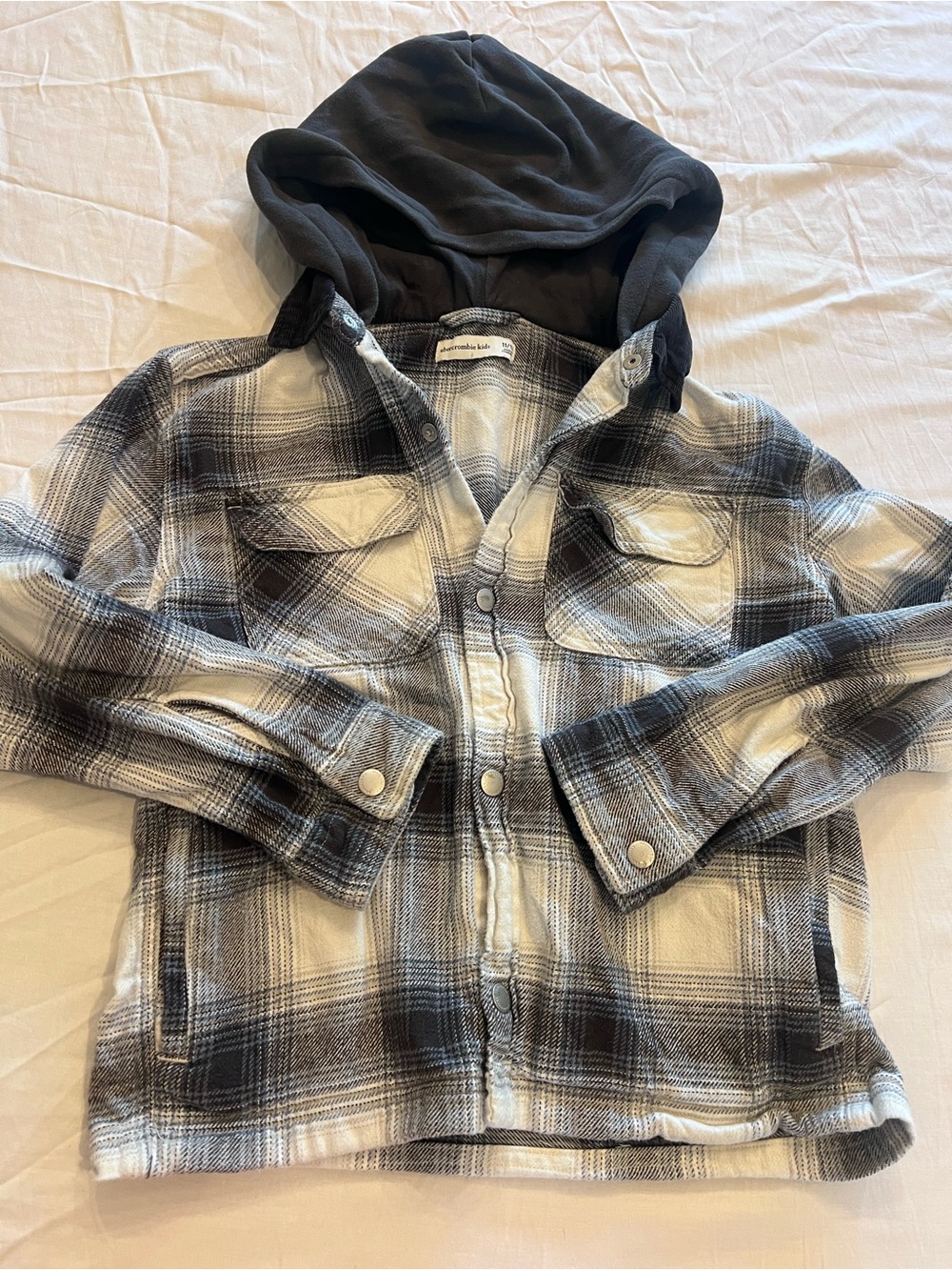 Abercrombie Kids Boys 11-12Y Hooded Plaid Button-Front Shirt Jacket Pockets Fall